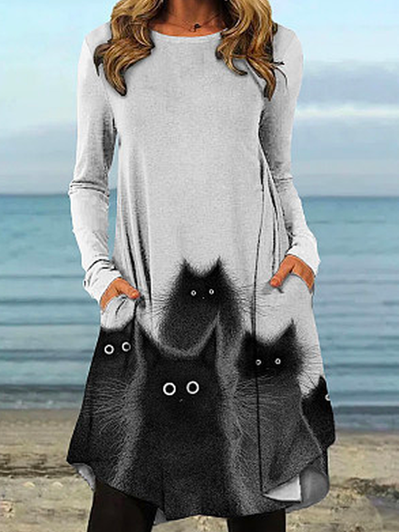 Cute Cat Pattern Crew Neck Casual Loose T-Shirt, Gray, Tunics