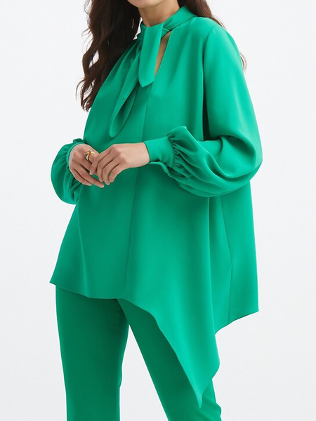Autumn A-Line Loose Plain Urban Long sleeve Commuting Tops, Green, Blouses and Shirts