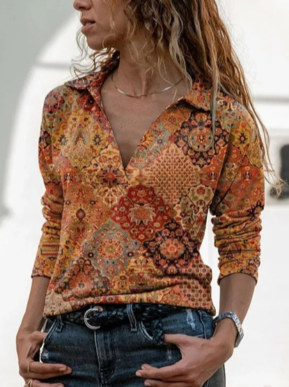 Shirt Collar Loose Ethnic Top, Multicolor, Shirts & Blouses