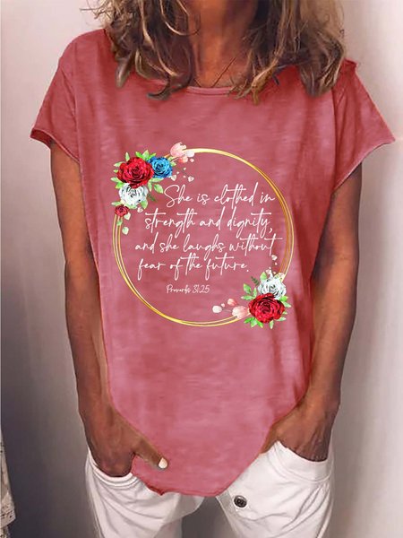Women Figure Floral Text Letters Cotton-Blend Casual T-Shirt, Pink, T-shirts