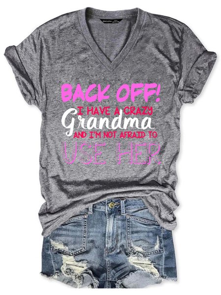Women Grandma Figure Letter V Neck T-Shirt, Gray, T-shirts