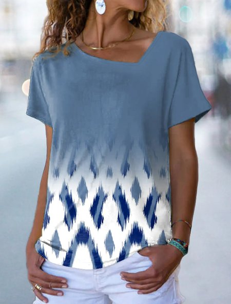 Casual Square Neck Regular Fit T-Shirt, Blue, T-Shirts