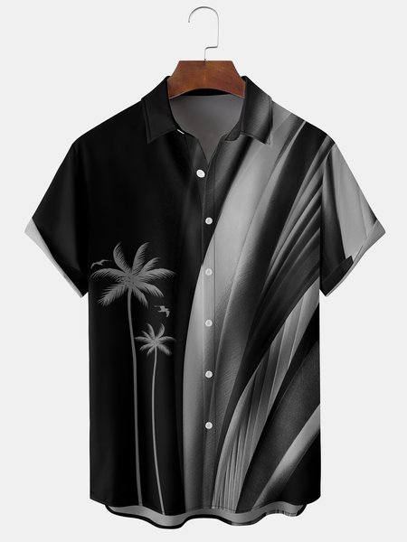 Men's 3D Line Coconut Tree Print Casual Breathable Hawaiian Short Sleeve Shirt, Black, Men's Floral shirt
