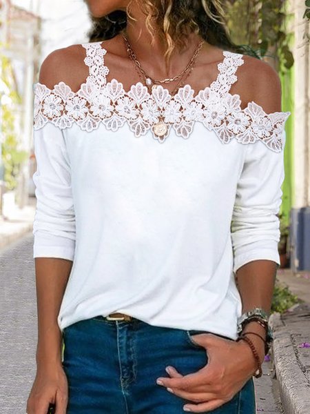 Casual Plain Lace Regular Fit Simple Top, White, Shirts & Blouses