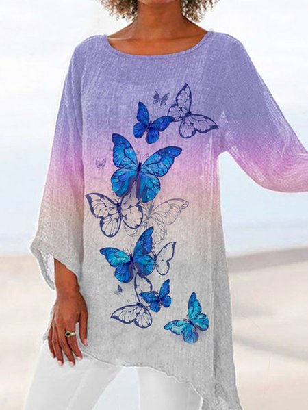 Vacation Loose Crew Neck Butterfly Tops, Multicolor, Shirts & Blouses