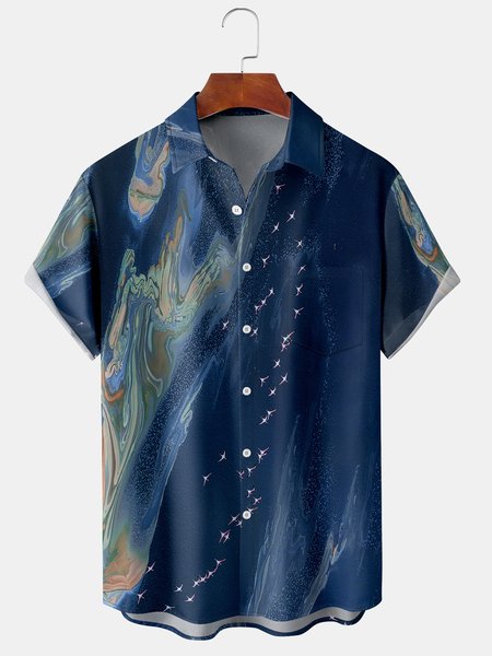 Men's Art Print Casual Breathable Short Sleeve Shirt, Blue, Men's Floral shirt
