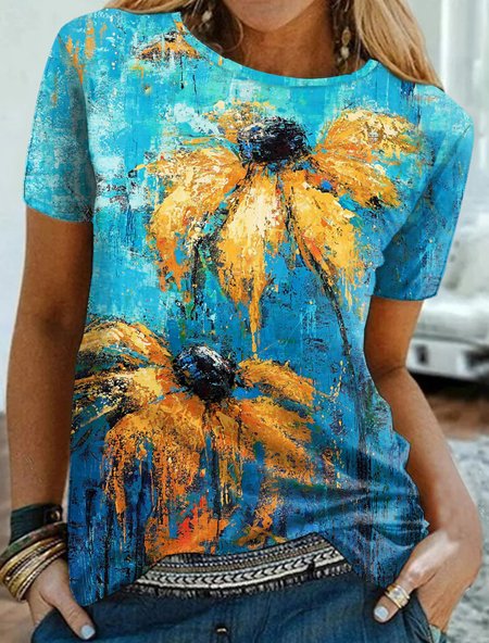 Casual Regular Fit Floral T-Shirt, Blue, T-Shirts