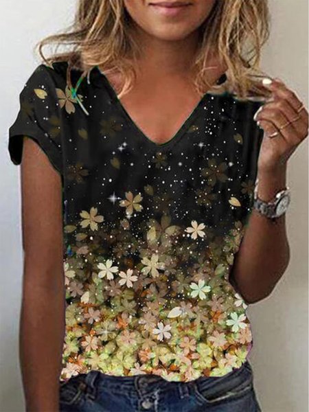 Casual V Neck Floral T-Shirt, Yellow, T-Shirts
