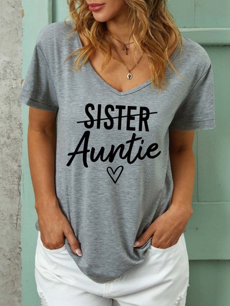 Women Cordate Auntie Letter Cotton-Blend Regular Fit T-Shirt, Gray, T-shirts