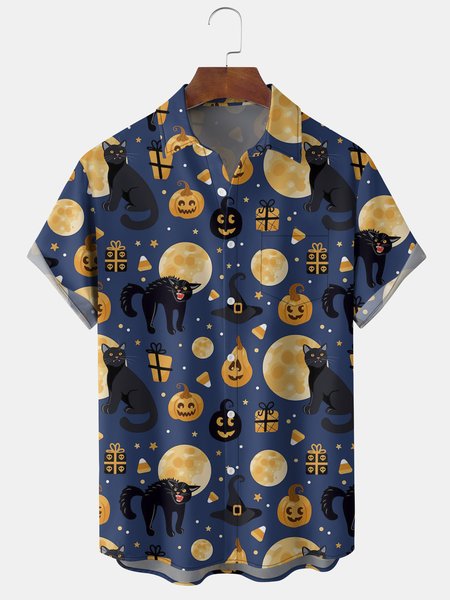 Men's Halloween Elements Cat Pumpkin Graphic Print Short Sleeve Shirt, Blue, Men's Floral shirt