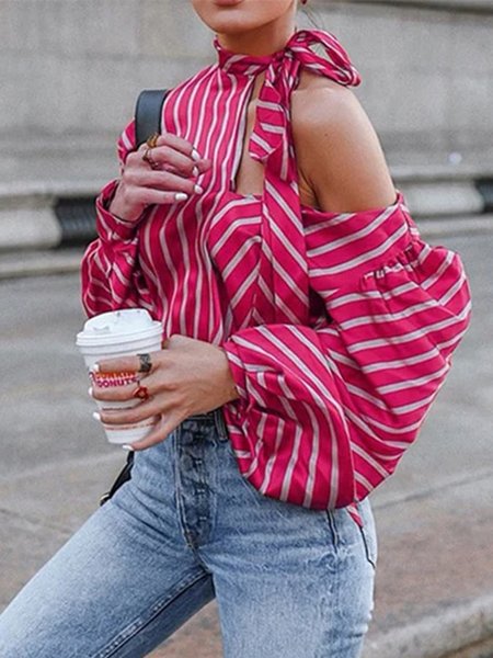 Urban Loose Long Sleeve Striped Blouse, Rose red, Blouses and Shirts