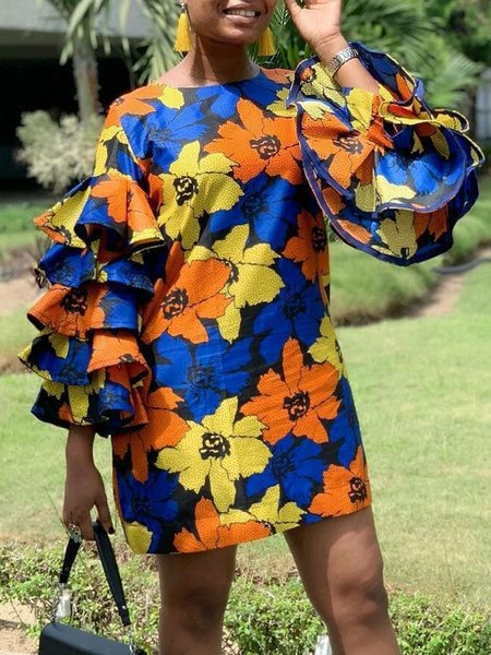 Vacation Crew Neck Long Sleeve Flouncing Floral Dress, Blue, Mini Dresses