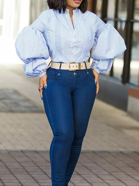 Autumn No Elasticity Stand CollarLong sleeve H-Line Daily Blouse, Stripe, Blouses and Shirts