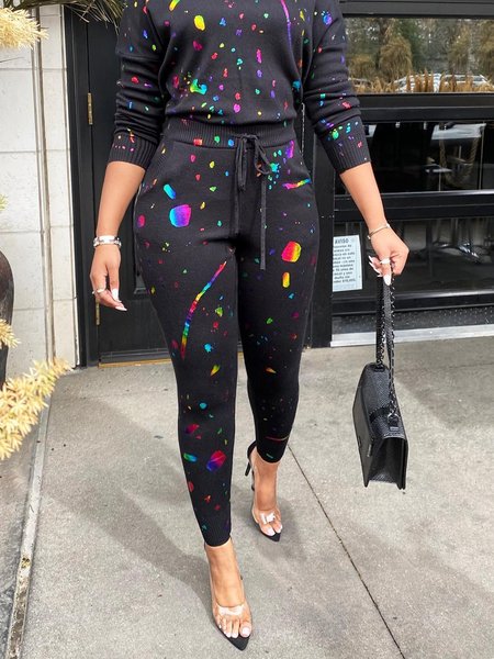 Casual Abstract Tight Sweatpants, Black, Cropped Pants