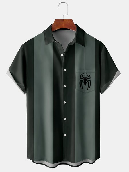 Men's Halloween Spider Print Casual Breathable Short Sleeve Shirt, Darkgreen, Men's Floral shirt