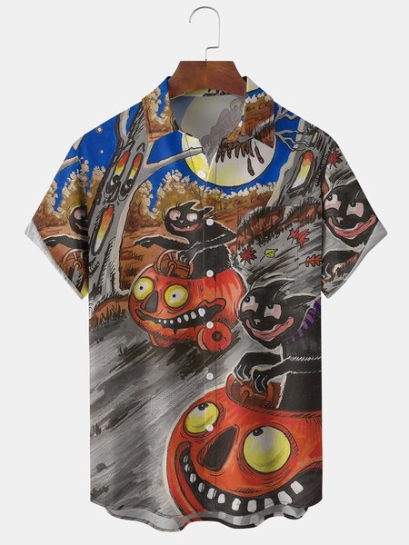 Men's Halloween Print Short Sleeve Hawaiian Shirt with Chest Pocket, Orange red, Men's Floral shirt
