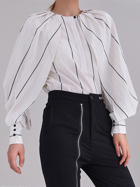 Elegant Crew Neck Striped Lantern Sleeve Blouse, Stripe, Blouses and Shirts