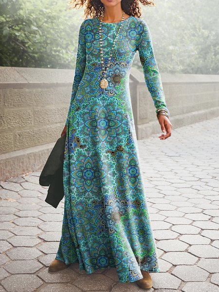 Crew Neck Casual Ethnic Dress, Green, Maxi Dresses