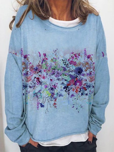 Off Shoulder Sleeve Casual Floral Crew Neck Sweatshirts, Blue, Sweatshirts & Hoodies