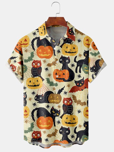 Men's Halloween Cat and Pumpkin Print Casual Breathable Hawaiian Short Sleeve Shirt, Apricot, Short Sleeve Shirts