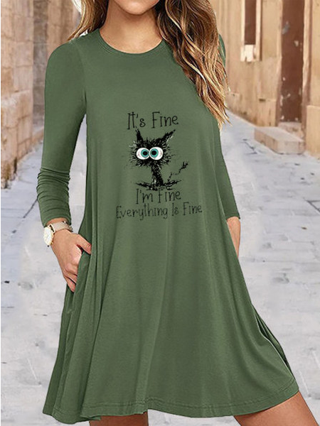 Casual Crew Neck Animal Dresses, Green, Dresses