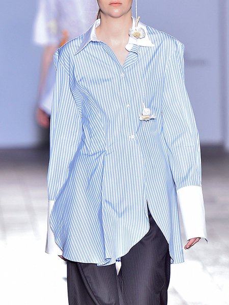 Blue Daily Long sleeve Striped Regular Fit Urban Blouse, Blouses and Shirts