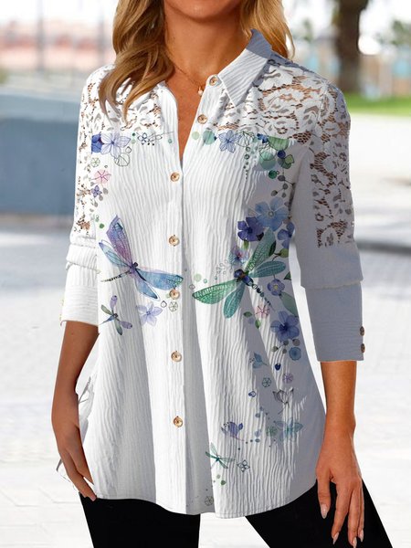 Cotton blended Dragonfly Flower Button loose lace Top shirt, White, Blouses & Shirts