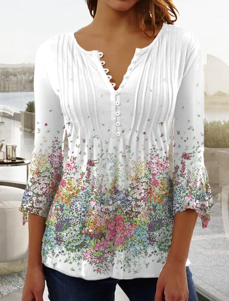 Floral Casual V Neck Regular Fit Top, White, Tops