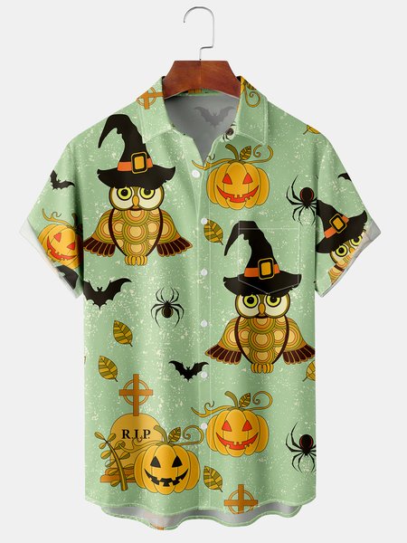 Men's Halloween Pumpkin and Owl Print Casual Breathable Hawaiian Short Sleeve Shirt, Green, Short Sleeve Shirts