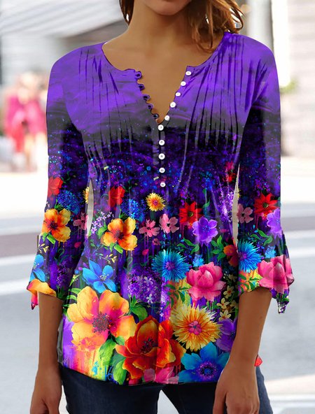 Casual Regular Fit V Neck Top, Multicolor, Shirts & Blouses