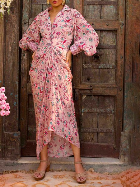 Daily Long sleeve Regular Fit Elegant Floral Dress, Pink, Maxi Dresses