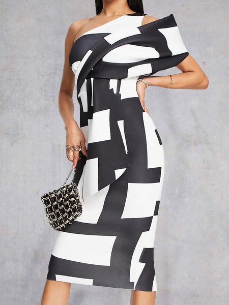 Daily Short sleeve Geometric Elegant One Shoulder Dress, White, Midi Dresses
Daily Short sleeve Geometric Elegant One Shoulder Dress, White, Midi Dresses