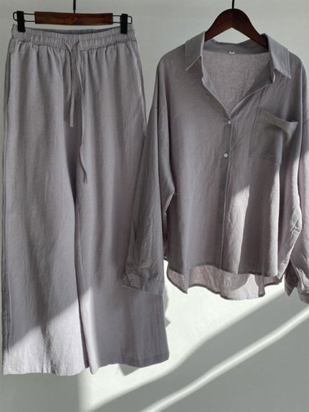 Plain Shawl Collar Loose Two Piece Sets, Gray, Suit Set