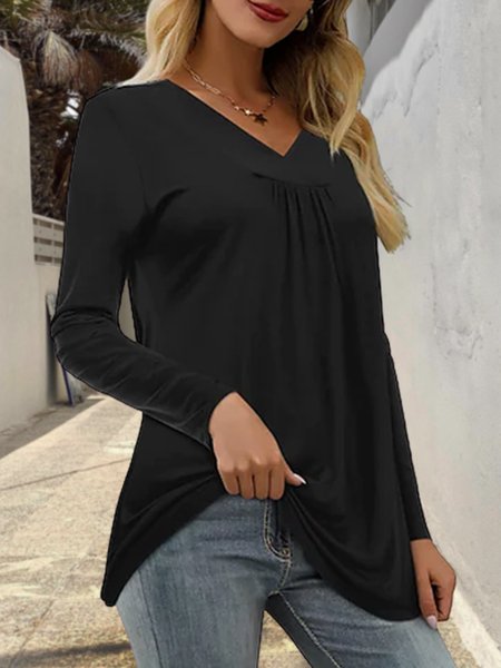 V Neck Loose Simple Blouse, Black, Tops