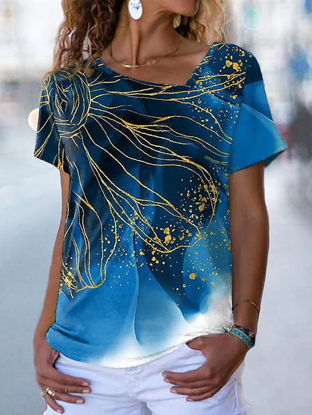 Casual Cotton-Blend Asymmetrical T-Shirt, Blue, T-Shirts