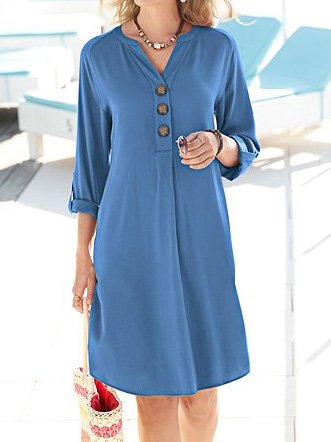 Plain Stand Collar A-Line Dresses, Blue, Mini Dresses
