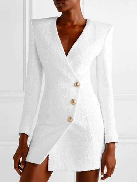 Long Sleeve Regular Fit Plain Elegant Mini Dress, White, Mini Dresses