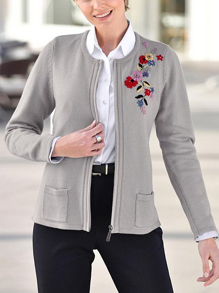 V Neck Floral Sweater Coat, Gray, Coats