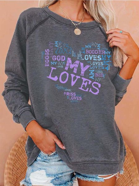 Women God Love Cordate Cotton Text Letters Sweatshirt, Gray, Hoodies&Sweatshirts