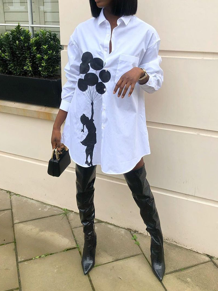 Autumn Long sleeve H-Line Loose Shirt Collar Urban Shirt Collar Blouse, White, Blouses and Shirts