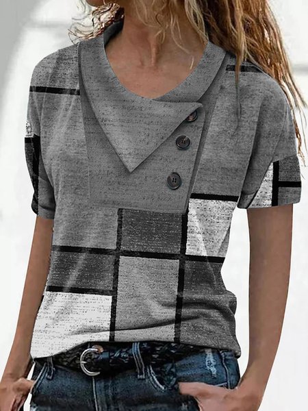Casual Short Sleeve V Neck Printed Top T-Shirt, Gray, T-Shirts