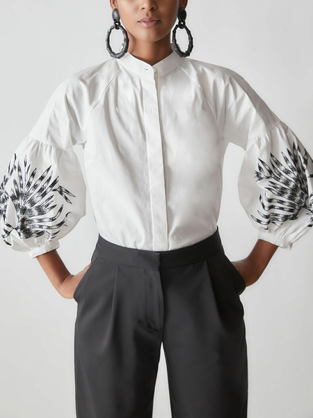 SAutumn H-Line Commuting tand Collar Floral Stand Collar Blouse, White, Blouses and Shirts