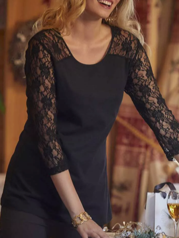 Loose Plain Elegant Crew Neck Tops, Black, Shirts & Blouses