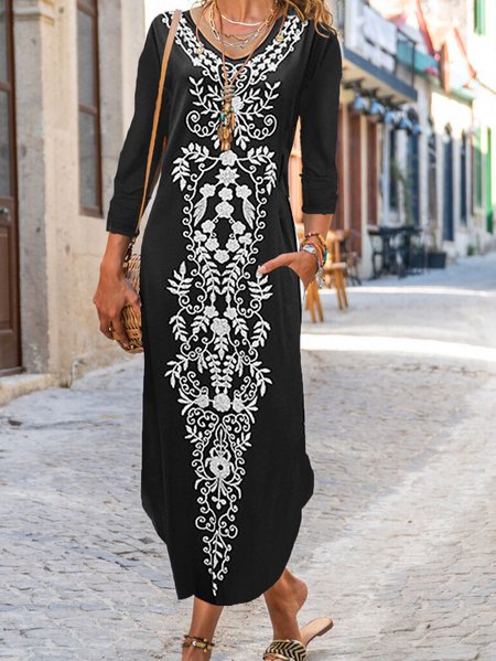 Cotton-Blend Ethnic Casual Dresses, Black, Maxi Dresses