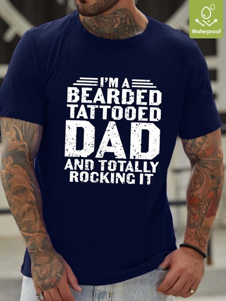 Men Dad Family Waterproof Oilproof Stainproof Fabric Crew Neck Text Letters Casual T-Shirt, Deep blue, T-shirts