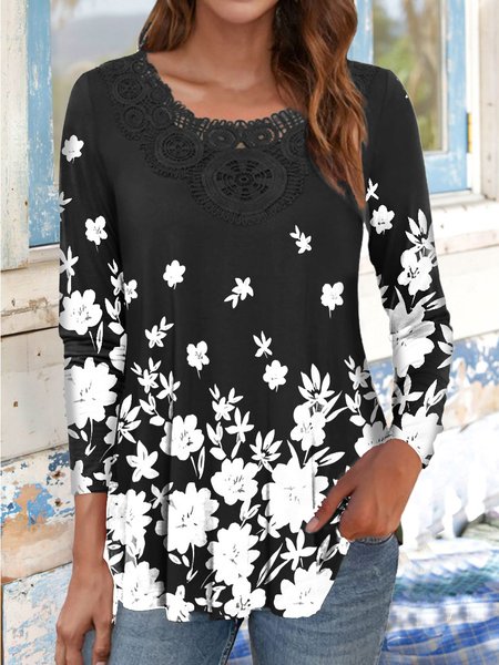 Floral Casual Crew Neck T-Shirt, Black, T-Shirts