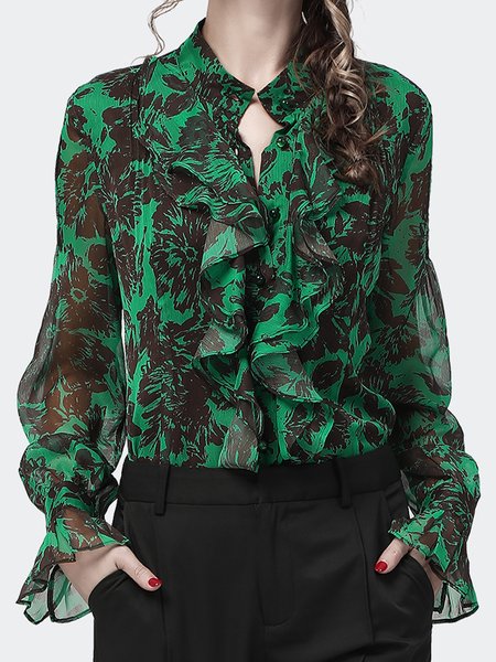 Elegant Stand Collar Flouncing Long Sleeve Floral Blouse, Green, Blouses and Shirts