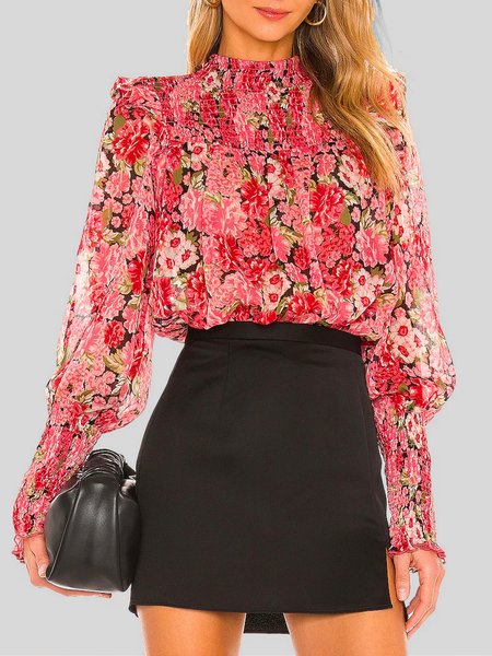 Vacation Lantern Sleeve Stand Collar Floral Blouse, Red, Blouses and Shirts