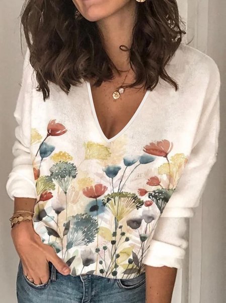 Floral Regular Fit V Neck Casual Long sleeve T-Shirt, White, Tops