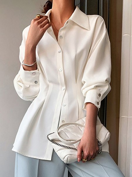 Simple Loosen Daily Long Sleeve Plain Blouse, White, Blouses and Shirts